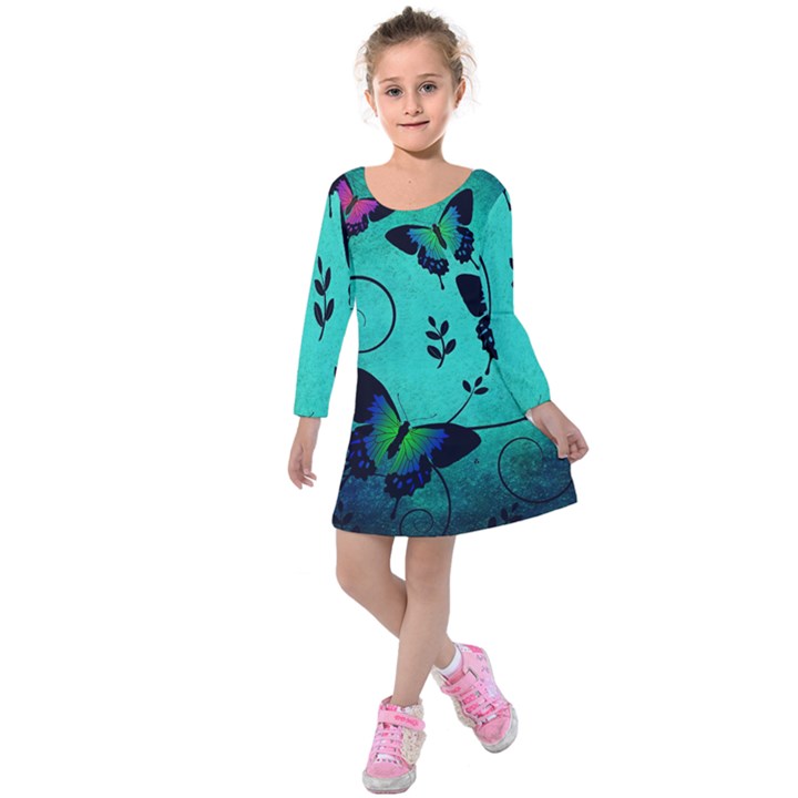 Texture Butterflies Background Kids  Long Sleeve Velvet Dress