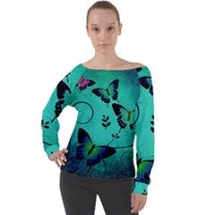 Texture Butterflies Background Off Shoulder Long Sleeve Velour Top by Amaryn4rt