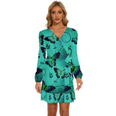 Texture Butterflies Background Long Sleeve Waist Tie Ruffle Velvet Dress by Amaryn4rt