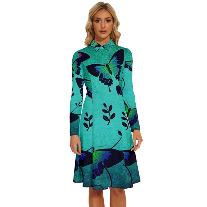 Texture Butterflies Background Long Sleeve Shirt Collar A-Line Dress