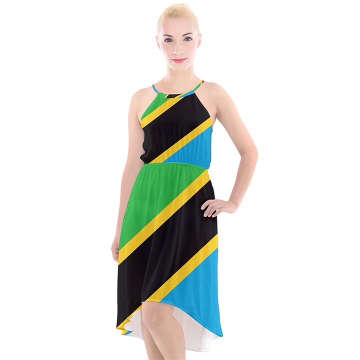 Flag Of Tanzania High-Low Halter Chiffon Dress 