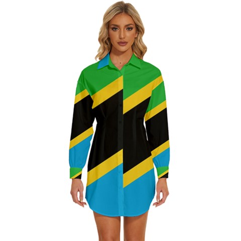 Flag Of Tanzania Womens Long Sleeve Shirt Dress by Amaryn4rt