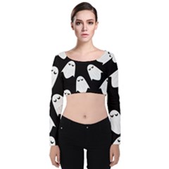 Ghost Halloween Pattern Velvet Long Sleeve Crop Top by Amaryn4rt