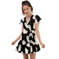 Ghost Halloween Pattern Flutter Sleeve Wrap Dress by Amaryn4rt