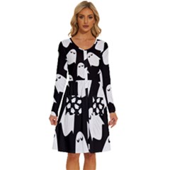 Ghost Halloween Pattern Long Sleeve Dress With Pocket by Amaryn4rt