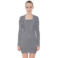 Black And White Checkerboard Background Board Checker V-neck Bodycon Long Sleeve Dress by Amaryn4rt