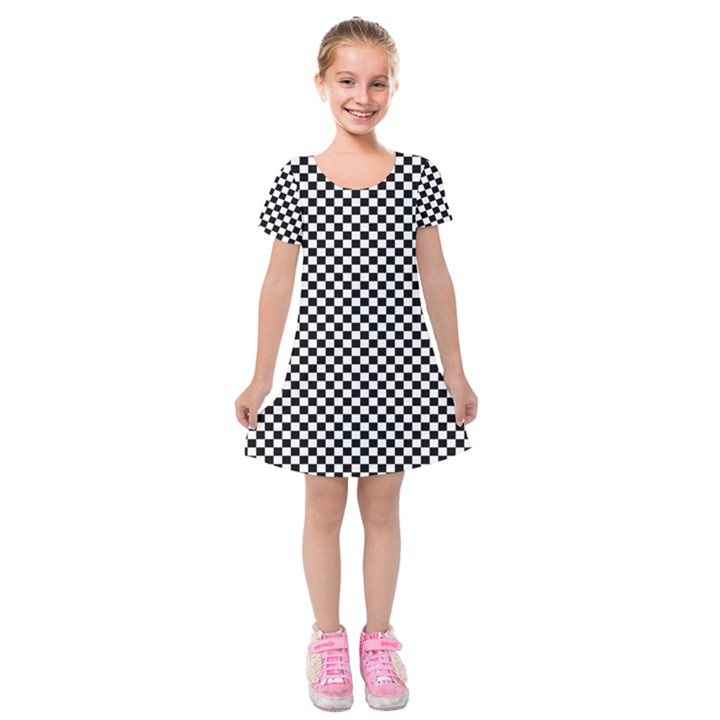 Black And White Checkerboard Background Board Checker Kids  Short Sleeve Velvet Dress