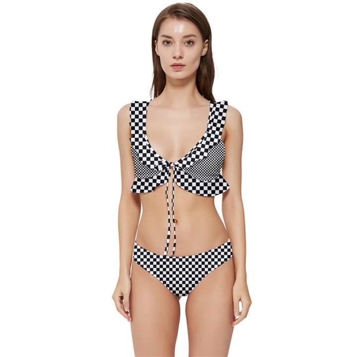 Black And White Checkerboard Background Board Checker Low Cut Ruffle Edge Bikini Set