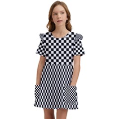 Black And White Checkerboard Background Board Checker Kids  Frilly Sleeves Pocket Dress by Amaryn4rt