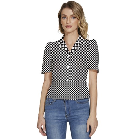 Black And White Checkerboard Background Board Checker Puffed Short Sleeve Button Up Jacket by Amaryn4rt