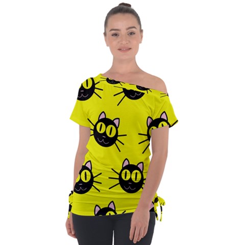 Cats Heads Pattern Design Off Shoulder Tie-up Tee by Amaryn4rt