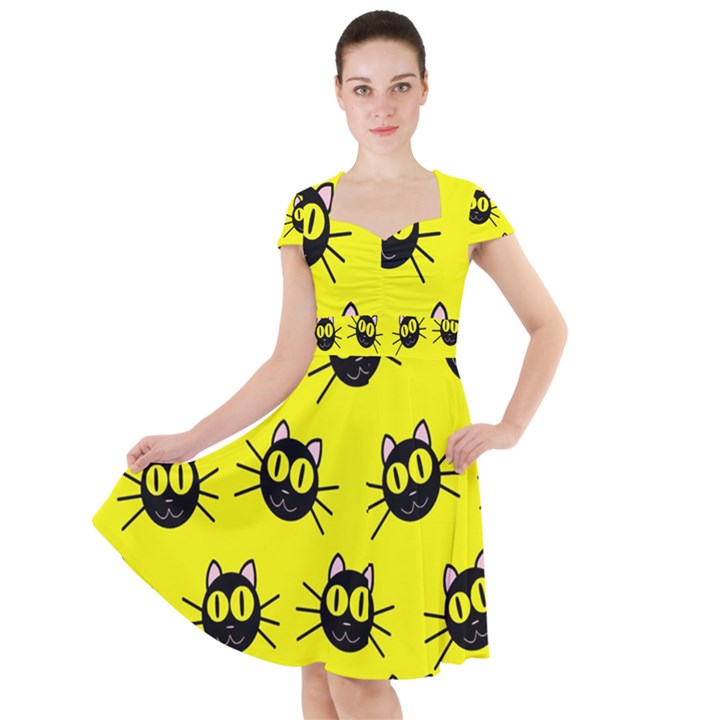 Cats Heads Pattern Design Cap Sleeve Midi Dress