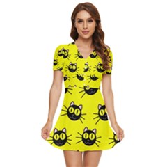 Cats Heads Pattern Design V-neck High Waist Chiffon Mini Dress by Amaryn4rt