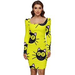 Cats Heads Pattern Design Women Long Sleeve Ruched Stretch Jersey Dress by Amaryn4rt