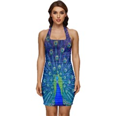 Amazing Peacock Sleeveless Wide Square Neckline Ruched Bodycon Dress by Simbadda