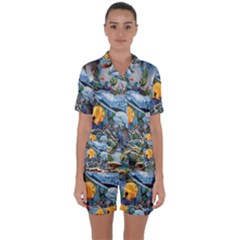 Colorful Aquatic Life Wall Mural Satin Short Sleeve Pajamas Set by Simbadda