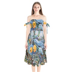 Colorful Aquatic Life Wall Mural Shoulder Tie Bardot Midi Dress by Simbadda