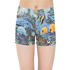 Colorful Aquatic Life Wall Mural Kids  Sports Shorts by Simbadda