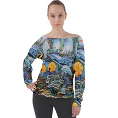 Colorful Aquatic Life Wall Mural Off Shoulder Long Sleeve Velour Top by Simbadda