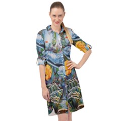 Colorful Aquatic Life Wall Mural Long Sleeve Mini Shirt Dress by Simbadda