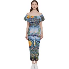 Colorful Aquatic Life Wall Mural Off Shoulder Ruffle Top Jumpsuit by Simbadda