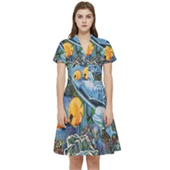 Colorful Aquatic Life Wall Mural Short Sleeve Waist Detail Dress by Simbadda