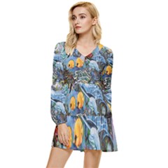 Colorful Aquatic Life Wall Mural Tiered Long Sleeve Mini Dress by Simbadda