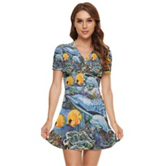 Colorful Aquatic Life Wall Mural V-neck High Waist Chiffon Mini Dress by Simbadda