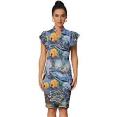 Colorful Aquatic Life Wall Mural Vintage Frill Sleeve V-neck Bodycon Dress by Simbadda