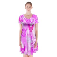 Butterfly Cut Out Pattern Colorful Colors Short Sleeve V-neck Flare Dress by Simbadda