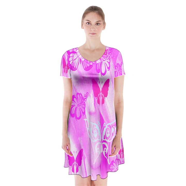 Butterfly Cut Out Pattern Colorful Colors Short Sleeve V-neck Flare Dress