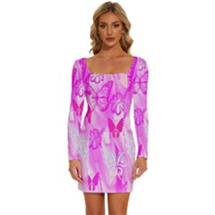 Butterfly Cut Out Pattern Colorful Colors Long Sleeve Square Neck Bodycon Velvet Dress by Simbadda