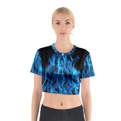 Digitally Created Blue Flames Of Fire Cotton Crop Top by Simbadda