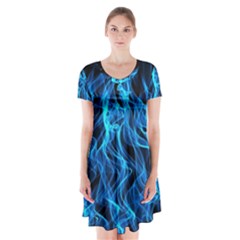 Digitally Created Blue Flames Of Fire Short Sleeve V-neck Flare Dress by Simbadda