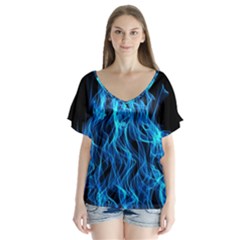 Digitally Created Blue Flames Of Fire V-neck Flutter Sleeve Top by Simbadda