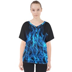 Digitally Created Blue Flames Of Fire V-neck Dolman Drape Top by Simbadda