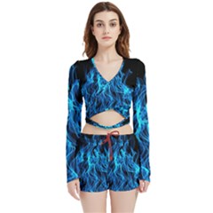 Digitally Created Blue Flames Of Fire Velvet Wrap Crop Top And Shorts Set by Simbadda