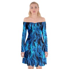 Digitally Created Blue Flames Of Fire Off Shoulder Skater Dress by Simbadda