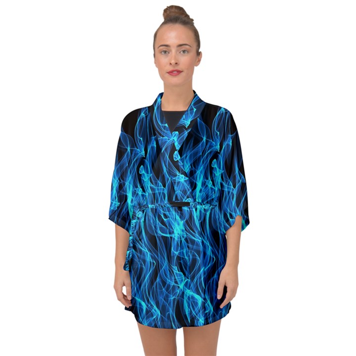 Digitally Created Blue Flames Of Fire Half Sleeve Chiffon Kimono