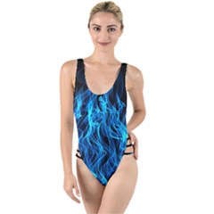 Digitally Created Blue Flames Of Fire High Leg Strappy Swimsuit by Simbadda