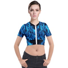 Digitally Created Blue Flames Of Fire Short Sleeve Cropped Jacket by Simbadda