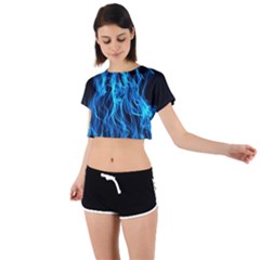 Digitally Created Blue Flames Of Fire Tie Back Short Sleeve Crop Tee by Simbadda