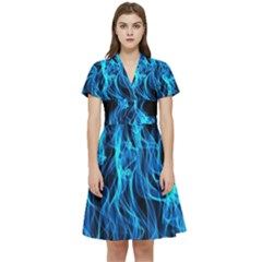 Digitally Created Blue Flames Of Fire Short Sleeve Waist Detail Dress by Simbadda