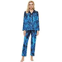 Digitally Created Blue Flames Of Fire Womens  Long Sleeve Velvet Pocket Pajamas Set by Simbadda