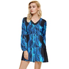 Digitally Created Blue Flames Of Fire Tiered Long Sleeve Mini Dress by Simbadda