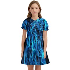 Digitally Created Blue Flames Of Fire Kids  Bow Tie Puff Sleeve Dress by Simbadda