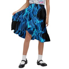 Digitally Created Blue Flames Of Fire Kids  Ruffle Flared Wrap Midi Skirt