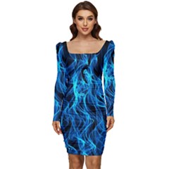 Digitally Created Blue Flames Of Fire Women Long Sleeve Ruched Stretch Jersey Dress by Simbadda