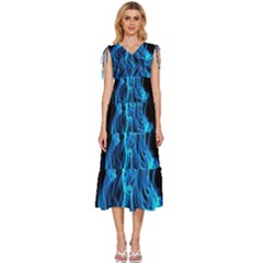 Digitally Created Blue Flames Of Fire V-neck Drawstring Shoulder Sleeveless Maxi Dress