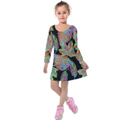 Autumn Pattern Dried Leaves Kids  Long Sleeve Velvet Dress by Simbadda